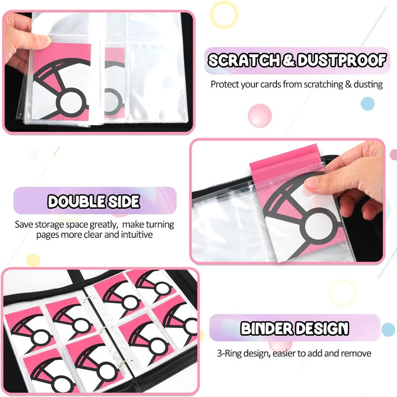 LOYEE Trading Card Binder 4-Pockets, 400 Pockets Card Holder with 50 Removable Sleeves, Large Capacity & Waterproof Zipper Album Holder for Trading Card Collector，Portable Card Album Book for Card-Pink - Image 4